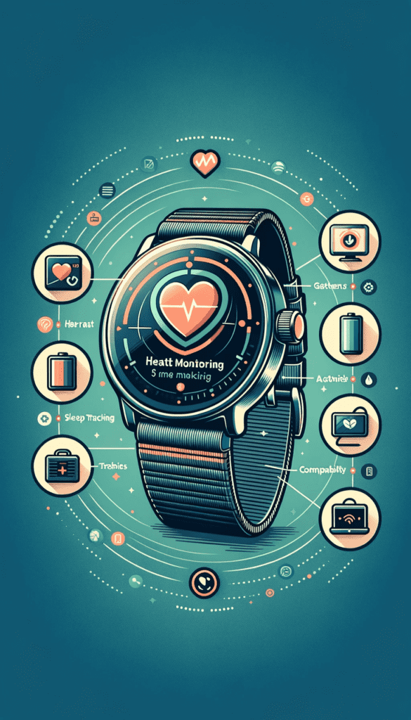 a digital watch with features around it by DALL-E 3