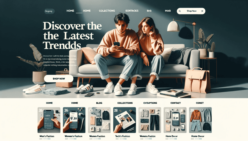 homepage of E-commerce website showing couple sitting on a couch surfing mobile by DALL-E 3
