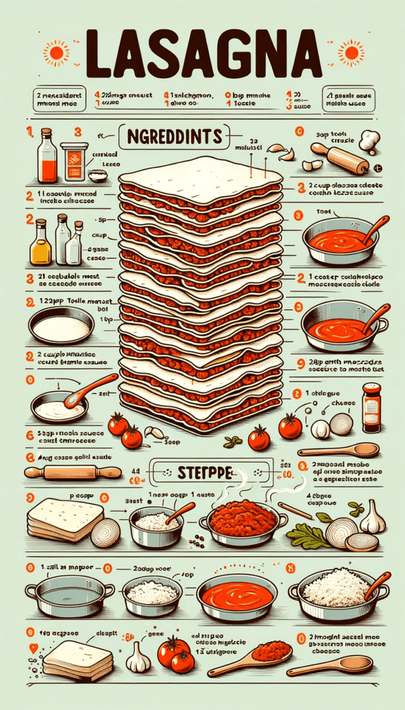 a layered lasagna recipe infographic generated from DALL-E 3